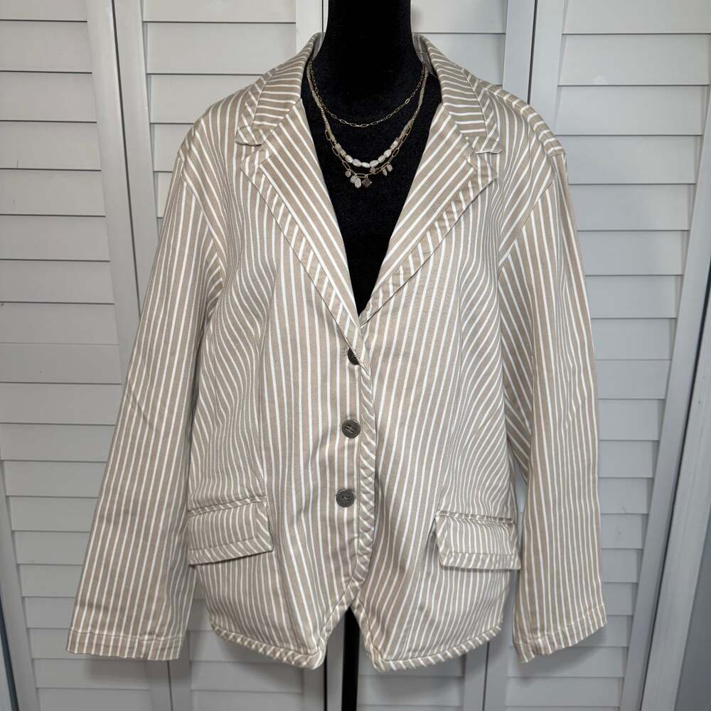 Chico's Khaki & White‎ Striped Long Sleeve Blazer XL (Size 3)